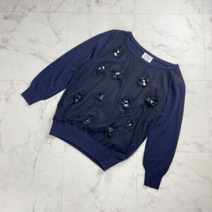 LANVIN ランバン コットンニットセーター 部分チュール 花 コサージュ トップス レディース 紺 ネイビー サイズ38*SC625