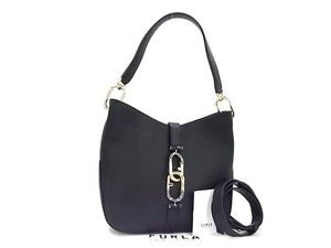 1円 ■極美品■ FURLA フルラ シレナ レザー 2WAY ハンドバッグ ショルダーバッグ 斜め掛け レディース ブラック系 FF8848