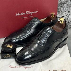 ☆最高級革靴☆Salvatore Ferragamo サルヴァトーレフェラガモ TRAMEZZA トラメッザ 黒 ブラック 7.5 EEE 3E ウィングチップ ビジネス