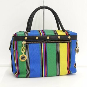 ●ジャンニヴェルサーチ GIANNI VERSACE ハンドバッグ ストライプ マルチカラー ナイロンキャンバス レザー[Jコレ]TA 291/dez