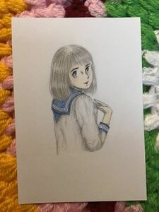 手書きイラスト　女の子　セーラー服の少女　NO .16 ★鉛筆・色鉛筆・ボールペン　★画用紙　★サイズ16.5×11.5㎝　★新品・非売品