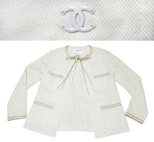 レア vintage CHANEL 04C リボン ノーカラー デニム ショート ジャケット ribbon jacket ココマーク CC logo アイボリー P22678V13442