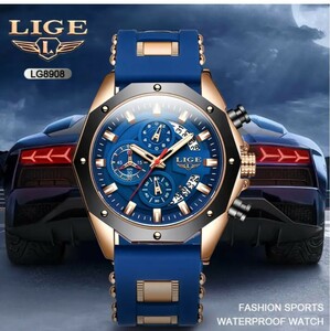 L新品 LIGE クロノグラフ ウォッチ メンズ腕時計 ネイビー＆ゴールド