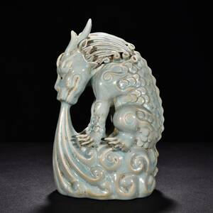 【多寶屋】BA192■古美術品！宋時代 汝窯 天青釉 吸水獣 珍品■高さ32cm 直径21cm■