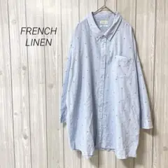 FRENCH LINEN シャツ 水色【5L】7分袖　ドット柄 カジュアル