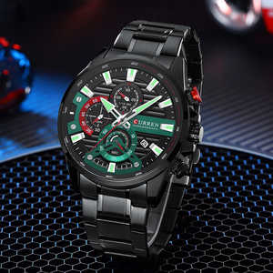 新品#CURREN メンズ 腕時計 高品質 クオーツ ウォッチ クロノグラフ 防水 時計 ステンレス ブラック × グリーン