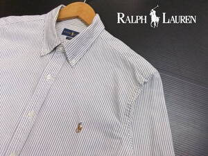 ■Ralph Lauren■長袖シャツ オックスフォード Lサイズ 白×グレー ストライプ柄 ヒッコリー ボタンダウン ラルフローレン