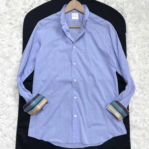 未使用級/現行タグ●ポールスミス Paul Smith ドレスシャツ 長袖 ドット 総柄 袖裏 マルチストライプ 青 ライトブルー 清潔感◎ メンズ