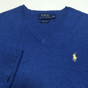 美品 Ralph Lauren ラルフローレン 長袖薄手コットンセーター Vネック サイズXS(165/88A) ブルー色 肌触りの良いPIMA COTTON