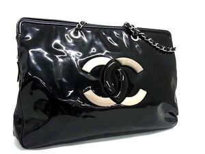 1円 ■美品■ CHANEL シャネル ココマーク リップスティック パテントレザー チェーン トート ショルダーバッグ 肩掛け ブラック系 FE4435