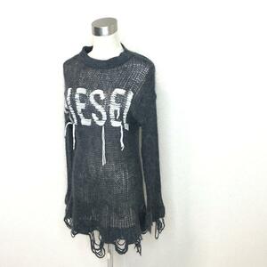 美品★ディーゼル DIESEL★黒タグ ロゴ モヘア調 フィッシュネット アンゴラ ナイロン ニット セーター グレー クラッシュ 管:B:04