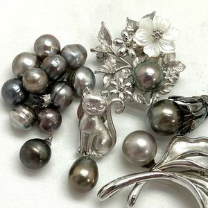 ［南洋黒蝶真珠アクセサリー6点おまとめ］j 重量約45.5g 約8.0-12.0mm黒真珠 pearl pendant top K14wg broach ブローチ silver 猫 CAT CE0