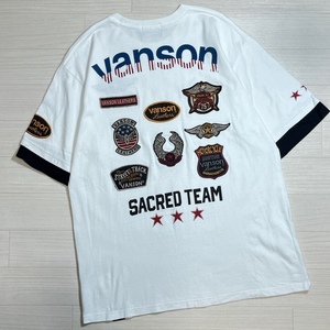 VANSON/バンソン/ワッペン×刺繍×プリント/レイヤードスリーブ/半袖Tシャツ/XL/ホワイト×ブラック/アームプリント×ワッペン