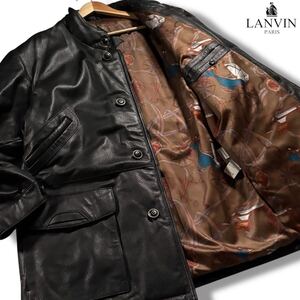 極美品/XLサイズ●ランバン パリス ラムレザー シボ革 中綿 コート ジャケット LANVIN PARIS 羊革 ロゴファスナー 裏地馬車柄 総柄 黒