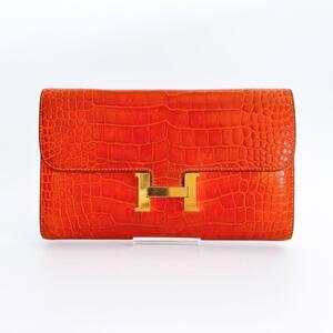 希少色 HERMES エルメス アリゲーター コンスタンスロング 長財布 レディース メンズ オレンジ