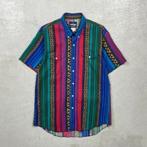 90年代 Wrangler WESTERN SHIRTS ラングラー ネイティブ柄 半袖シャツ ウエスタンシャツ 総柄 メンズL【SS2407-30】