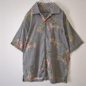 TommyBahama トミーバハマ アロハシャツ シルク ウッドボタン グレー L