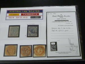 24　A　№1　旧豪州切手 クラシック　1853年　タスマニア　SC#1-2　2種 計5枚　使用済 【2013年版SC評価 $4,600++】