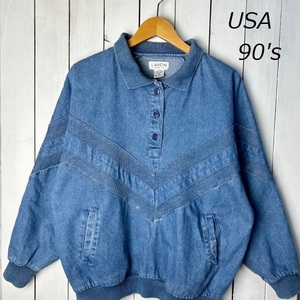 sh●454 USA古着 90s ゆったり プルオーバーデニムブルゾン シャツカットソー L～XL オールド ヴィンテージ アメリカ古着 インディゴ 長袖