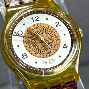 SWATCH スウォッチ GENT ジェント AG1991 腕時計 クオーツ アナログ ラウンド クリアケース スケルトン イエロー レザーベルト ゴールド