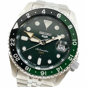 1円 稼働 極美品 コマ6付 SEIKO セイコー 5 スポーツ SKX シリーズ GMT グリーン 4R34-00A0 SBSC019 裏スケ AT SS 腕時計 1015620241119