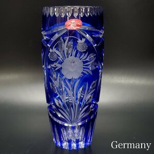 【宝蔵】ドイツ ハンドメイド カットガラス フラワーベース 切子 花瓶 花器 高さ約25㎝ 青 ブルー 24% PbO Germany