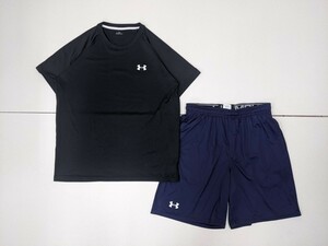 2．アンダーアーマー UA 速乾 2点 上下 セット heatgear 半袖Tシャツ ジャージ ハーフパンツ ショートパンツ メンズLG 黒ネイビー x801