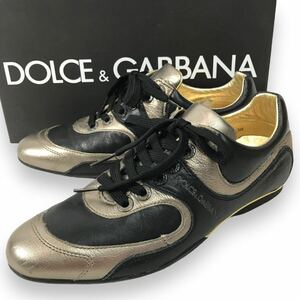 n218 DOLCE&GABBANA ドルチェ&ガッバーナ レザー スニーカー 38 ローカット シューズ ブラック レディース 正規品