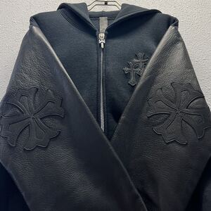 クロムハーツ スウェット/レザー フーディ M レザーパッチ トリプルクロス CHプラス Wジップ パーカー ダガー クロスボールCHROME HEARTS