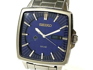 1円～ 中古 駆動OK SEIKO セイコー ソーラー スクエア V158-0AG0 SS デイ デイト 3針 スペード ネイビー文字盤 メンズ 腕 時計