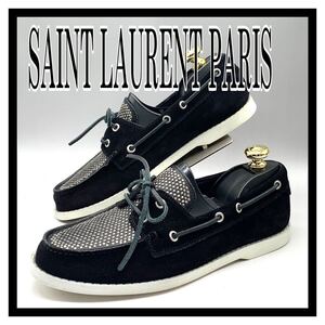 SAINT LAURENT PARIS [サンローランパリ] スタッズ デッキシューズ スリッポン ローファー スエード ブラック 黒 41 26cm 革靴 シューズ