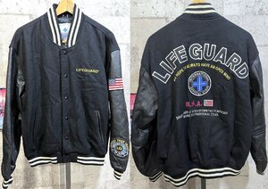 送料込 LIFE GUARD 袖革 スタジアムジャンパー M メンズ ライフガード スタジャン ブラック