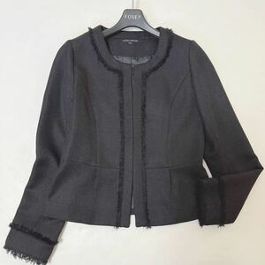 Laura Ashley ローラアシュレイ◆ツイード ノーカラー ジャケット 7号 黒◆レディース フリンジ　レリアン