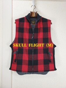 美品◆SKULL FLIGHT スカルフライト メルトン ボアベスト 裏地ボア メンズ(Mサイズ)ブラック/レッド チェック 赤/黒