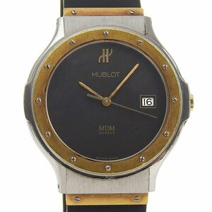 1円 稼働 ウブロ HUBLOT 1521.100.2 クオーツ MDM 黒文字盤 SS/YG×ラバー メンズ 腕時計