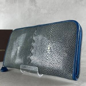 希少!!!入手困難 ボッテガヴェネタ BOTTEGA VENETA 長財布 ラウンドファスナー ジップ ガルーシャ スティングレイ エイ革 ブルー メンズ