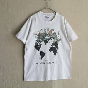 USA製 90s Hanes Tシャツ / ユニセックス M コットン ホワイト プリント イラスト 動物 地球 半袖 ビンテージ T4-06143-9290