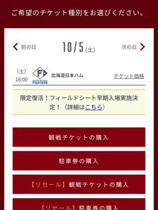 10月5日　楽天イーグルスvs日本ハムファイターズ　第24回戦　観戦チケット　通路側　2枚連番