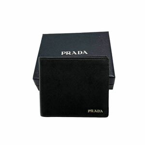 1円〜◎ 良品 プラダ PRADA メタルロゴ サフィアーノ レザー 二つ折り財布 ブラック × ネイビー