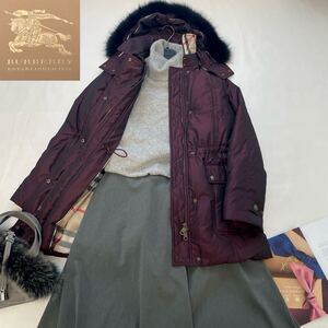 ◆超美品◆バーバリー◆BURBERRY 38/9号/M ダウン最高比率95%！フォックスファー3wayメガチェックコンビダウンコート プラムパープル