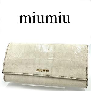 miumiu ミュウミュウ 長財布 クロコ型押し ワンポイントロゴ 総柄 レザー