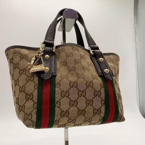 美品 グッチ GUCCI ミニ トートバッグ キャンバス GG シェリーライン チャーム レザー レディース ハンドバッグ ベージュ ブラウン 鞄 1円