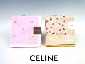 ◆未使用◆CELINE/セリーヌ◆ガーゼ ハンカチ 2枚◆ベージュ/ピンク 他◆日本製◆綿100％◆ロゴ/バンビ/鹿/花/水玉◆フランス◆49×49cm◆