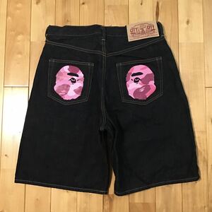 ★青山限定★ Pink camo APE HEAD Denim Shorts Lサイズ a bathing ape BAPE デニム ハーフパンツ エイプ ベイプ アベイシングエイプ i0046