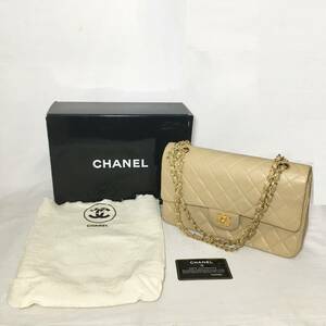 ☆VINTAGE OLD CHANEL シャネル マトラッセ Wフラップ Wチェーン ラムスキン ベージュ 外箱・ギャランティカード・シール有