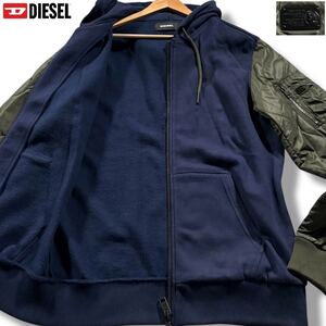 極美品/XLサイズ●DIESEL ディーゼル ナイロン切替 ジップ パーカー フード ジャケット 中綿 袖キルティング ロゴ金具 カーキ ネイビー