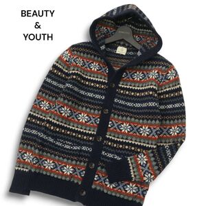 BEAUTY&YOUTH ユナイテッドアローズ 秋冬★ ウール100% ノルディック柄 フード付き ニット カーディガン Sz.S メンズ　A4T11679_B#N