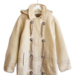 ★90s USA製 Woolrichウールリッチ フォークロア柄 ロング ウール×モヘヤ混 ブランケット コート S★オールド パーカー フード ラグ