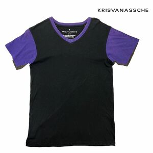 美品 KRISVANASSCHE クリスヴァンアッシュ VネックTシャツ サイズXS 3トーン切替 ブラック×パープル×ブラウン ペルー製 半袖T 230287