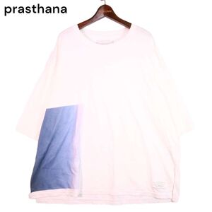 prasthana プラスターナ 春夏 ミドルスリーブ★ プリント ビッグシルエット Tシャツ カットソー Sz.F　メンズ 白 日本製　I4T02073_6#D